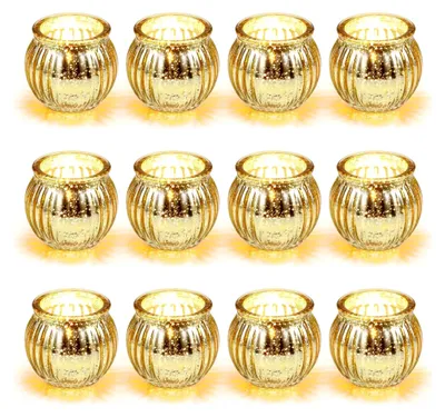 Produktbild von 12 Teelichthalter aus Glas in Gold, Kürbisform, kleine Kerzengläser, wiederverwendbare Teelichthalter, vielseitige Glas-Kerzenhalter für Weihnachten, Ostern, Hochzeiten und Halloween
