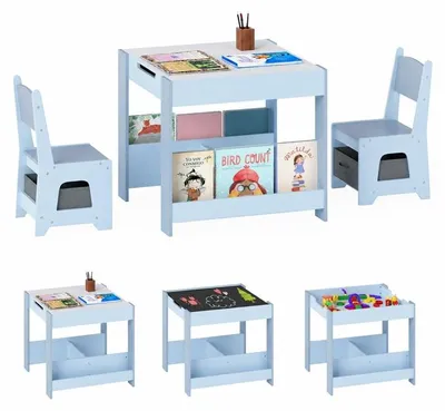 Produktbild von COSTWAY Kindertisch mit 2 Stühlen, 3-teilige Kindersitzgruppe aus Holz mit Tischplatte, Regalen, Stoffschubladen, Kinder Maltisch, Kindersitzgarnitur