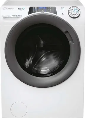 A front-on studio shot of a white Candy washing machine.