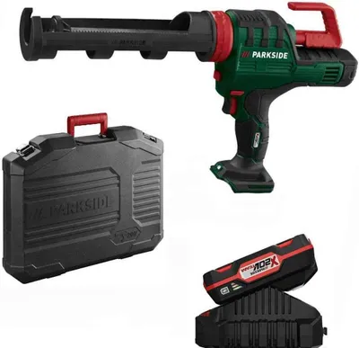 Produktbild von PARKSIDE, Akku-Kartuschenpresse, 20V, PKPA 20-Li, 2,0Ah, inkl. Ladegerät, 457x72x258mm, 0-28mm/s, 5000N, 6-stufige Vorschubgeschwindigkeit, autom. Rücklauf, LED-Arbeitsleuchte, Softgrip, Einschaltsperre, inkl. Kartuschenhülse, Koffer