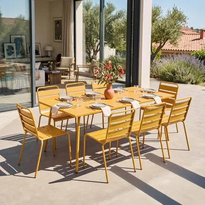 Produktbild von Gartentisch und 8 Stühle aus pulverbeschichtetem Stahl GELB - Oviala Palavas