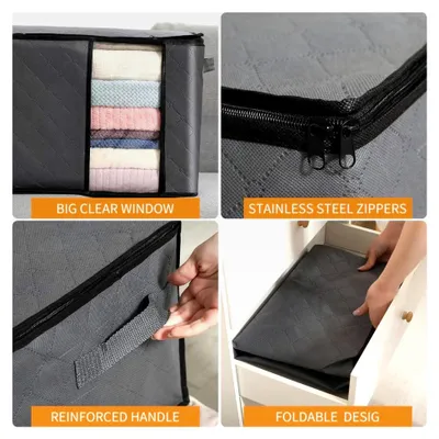 Produktbild von 6 Stück 60L Aufbewahrungstaschen, Aufbewahrungsboxen mit Deckel, Große Kleideraufbewahrung für Bettdecken, Decken, Kleidung, Unterbett und Kleiderschrank