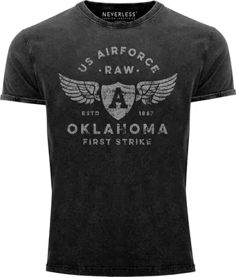 Produktbild von Herren Vintage Shirt Print US Airforce Oklahoma Aviator Used Look Slim Fit Neverless® schwarz L