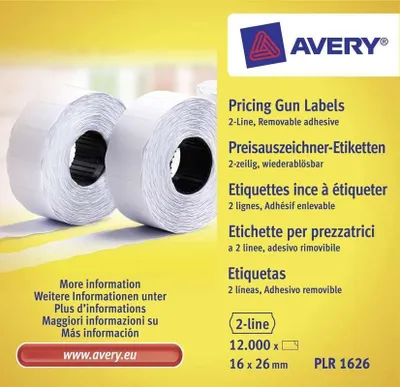 Produktbild von Avery PLR1626, Weiß, Preisschild, Entfernbar, 26 x 16 mm, Papier, 12000 Stück(e)
