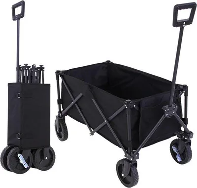 Obrázok produktu pre Skladací plážový vozík – kompaktný a odolný plážový vozík s otočnými kolesami o 360° – objem 130 litrov/nosnosť 8 kg – odolný voči UV žiareniu a vode – do záhrady, na kempovanie a na pláž – čierny