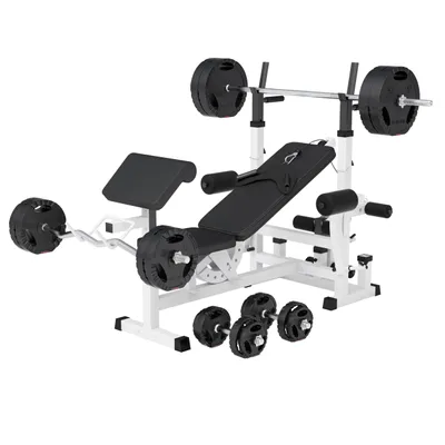 Produktbild von GORILLA SPORTS® Hantelbank - mit 100kg Hantelset, Ablage, Dip-Station, Verstellbar, Weiß - Multifunktion Trainingsbank mit Gewichten, Kraftstation