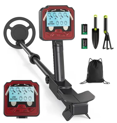 Obrázek produktu pro Detektor kovů pro děti – detektor kovů – vodotěsná cívka – 2 režimy – max. hloubka 18 cm – nastavitelná délka – podsvícený LCD displej – včetně lopatky a batohu – černý