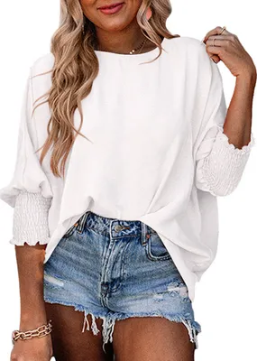 Produktbild von ASKSA Damen T-Shirt Puffaermel Rundhals Sommer Bluse Elegant Einfarbig Lose Laessig Kurzarm Tunika Oberteile (Weiss,XL)