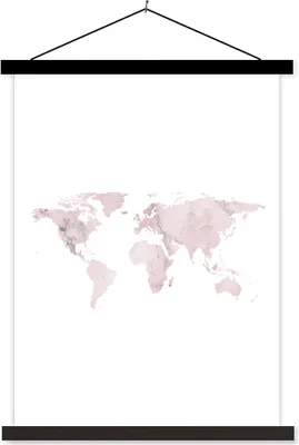 Produktbild von MuchoWow® Textilposter Weltkarte - Aquarellfarbe - Rosa 120x160 cm mit schwarzem Rahmen - Magnetischer