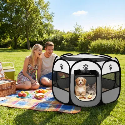 Immagine prodotto di Recinto pieghevole per cani, dimensioni 91 x 91 x 58 cm, colore grigio, adatto per interni ed esterni