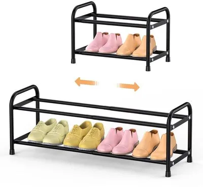 Obrázok produktu pre Ibenzoa® Nastaviteľná, priestorovo úsporná polica na topánky, 2 úrovne, 42–77 cm, pre 4–8 párov topánok, kov, čierna, vhodná do skrine, chodby a garáže