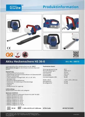Produktbild von GÜDE Akku Heckenschere HS HS 36 ( 2x18V ) E³ Akkusystem mit Akku / Ladegerät