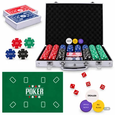 Obrázek produktu pro Pokerová sada 500 žetonů ve čtyřech nominálních hodnotách, hliníkový kufřík na poker, 2 balíčky karet, 5 kostek, herní plachta, kufřík na pokerovou sadu