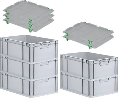 Produktbild von SparSet 5x Eurobox NextGen Economy mit Auflagedeckel und 4x Schiebeschnappverschlüsse Grün | Griffe geschlossen | HxBxT 22x40x60cm | 44 Liter | Eurobehälter, Transportbox, Transportbehälter, Stapelbehälter