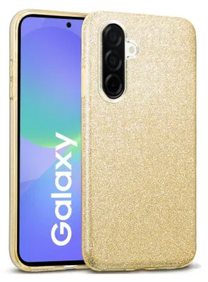 A gold glitter phone case is shown next to a Samsung Galaxy phone.