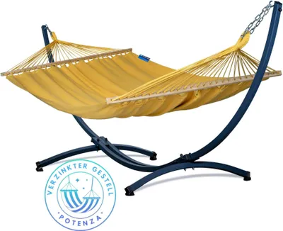 Produktbild von Potenza Outdoor Stabhängematte Hängematte mit Verzinkter Gestell für 2 Personen I 100% Baumwolle Merida Doppelhängematte XXL 215x160, 200kg I Hängemattengestell 220kg, wetterfest