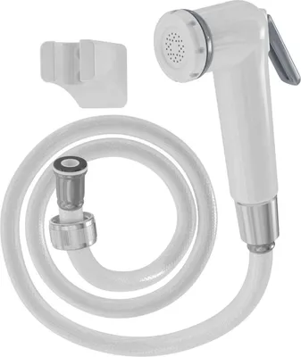 A white bidet hand shower with a white hose and a wall mount.