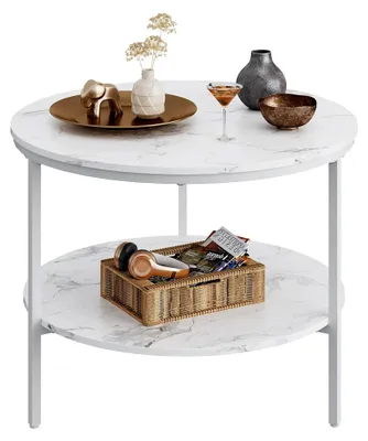Produktbild von Runder Couchtisch in Weiß, Wohnzimmertisch aus Holz mit 2 Ebenen, Sofatisch mit viel Stauraum für Wohnzimmer und Schlafzimmer, modernes Design