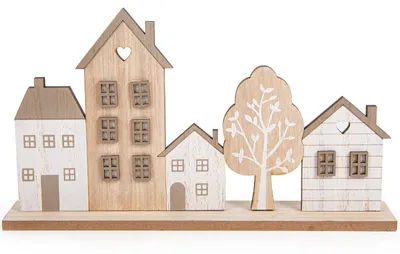Produktbild von Häuserzeile aus Holz 30 x 17 x 5 cm zum Hinstellen weiß naturfarben