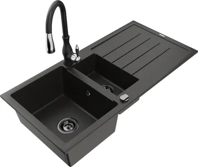Produktbild von Mexen Andres 1,5-Becken-Granitspüle mit Abtropffläche und Mischbatterie Savita, Schwarz/Gold - 6515-75-672601-70-B