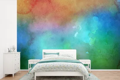 Produktbild von MuchoWow® Fototapete für Wohnzimmer oder Schlafzimmer Wandtapete Vinyl Motivtapete Aquarell - Blau - Grün - Rot - 360x240 cm - Vinyl-Tapete