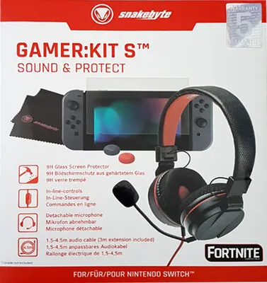 The image shows the packaging of a Nintendo Switch gamer kit, including headphones, a screen protector, and other accessories.