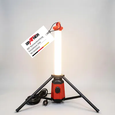 Produktbild von Grafner Baustrahler Steckdose und Stativ, 360° 60W, Höhe: 107 cm, IP44, 6500K Tageslichtweiß, Arbeitsleuchte Baustellenstrahler Arbeitslampe Turm