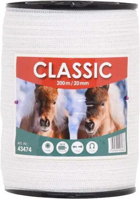 Productafbeelding van Omheiningsband voor paarden - 200 m lang - 20 mm breed - 4 roestvrijstalen geleiders - wit
