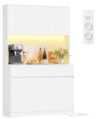 Image de Armoire de cuisine/buffet avec éclairage LED et prise électrique, dimensions : 180 x 100 x 38,5 cm, couleur : blanc