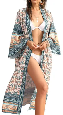 Productafbeelding van L-Peach dames katoenen kaftan, lange jurk, strandjurk, omslagdoek voor bikini, one size