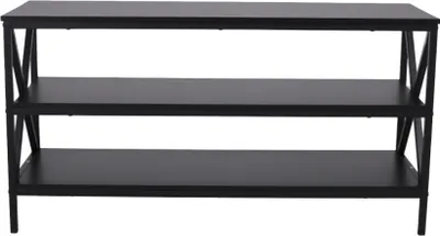 A black, three-tiered shelf unit with a metal frame.