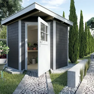 Produktbild von WEKA 229.2121.16400 Gartenhaus/Blockbohlenhaus Quinta mit Einzeltür ; Größe: 1 ; Farbgebung: Anthrazit ; Wandstärke: 21 mm ; Maße (LxBxH): 205 cm x 209 cm x 217 cm ; Seitenwandhöhe: 197 cm