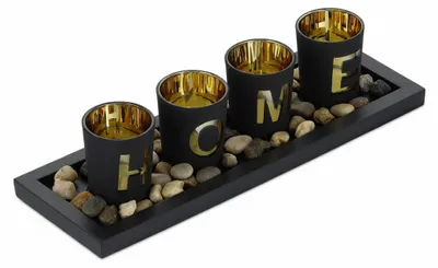 Produktbild von Relaxdays Teelichthalter Set mit Tablett & Steinen, 33 cm, Tischdeko Wohnzimmer, Esszimmer, Teelichtgläser Home, schwarz