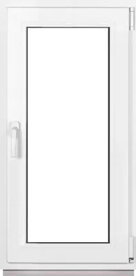 A white PVC window with a glass pane and a handle.