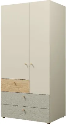 Produktbild von Kleiderschrank 2 YUKI 90 cm mit 3 Schubladen und 2 Türen Beige/Grau/Braun/Eukalyptus