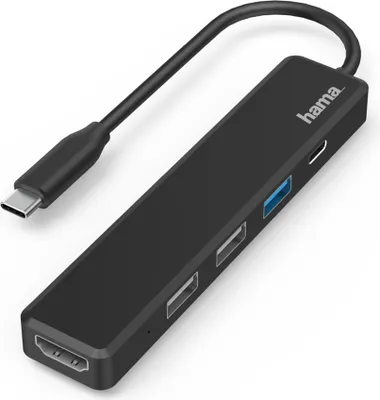 A black USB-C hub with multiple ports is shown against a white background.