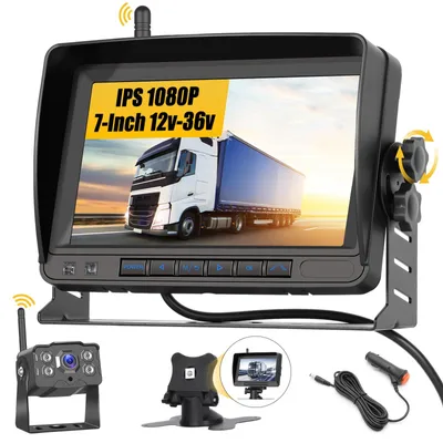 Imagen del producto de Cámara de visión trasera inalámbrica con monitor de 7 pulgadas, resolución HD de 1080p, resistente al agua, para vehículos