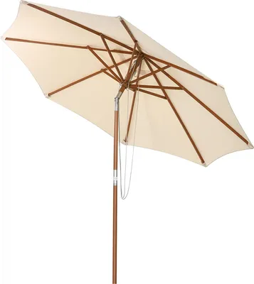 An outdoor umbrella with a wooden pole and frame, and a cream-colored canopy, shown against a white background.
