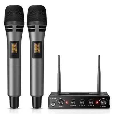 Immagine prodotto di Set di microfoni wireless, doppia dinamica cardioide, colore grigio, ideale per feste e presentazioni