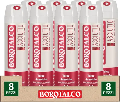 Produktbild von Borotalco Trockenes Lufterfrischer-Spray für Herren Deo 72 Stunden mit Talkum, absorbiert Schweiß ohne Alkohol, Duft Bernstein, 8 Flaschen à 150 ml