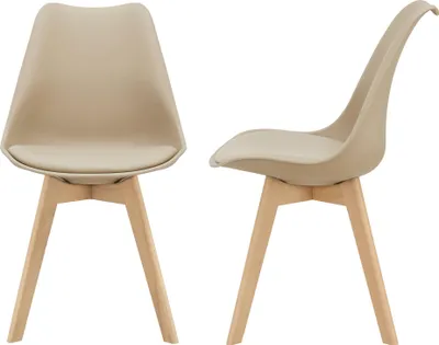 Two beige dining chairs with wooden legs are shown from different angles against a white background.