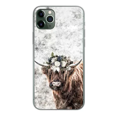 Produktbild von MuchoWow® Handyhülle Schutzhülle Hülle für iPhone 11 Pro Max Schottischer Highlander - Marmor - Blumen Silikon Softcase Handy Hülle - Schutz