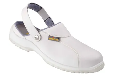 A white clog shoe with a grey strap is shown against a white background.