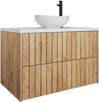 Produktbild von Easy4You Unterschrank RYFI 80 cm Eiche Gold/Weiß Matt Hängeschrank Badschrank Badezimmerschrank mit 2 Schubladen - Geriffelte Front