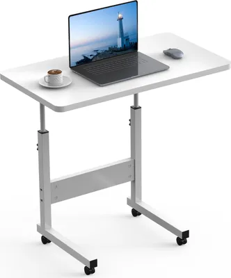 A white adjustable height laptop table with a laptop, coffee cup, and mouse on it, set against a white background.