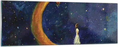 Produktbild von Bilder auf glas - Einteilig - Mädchen auf der Mond - 90x30cm - Glasbilder - Wandbilder - Bilder - zum Aufhängen bereit - Wanddekoration aus Glas - Glas Bilder - Wandbild auf Glas - GAB90x30-4575