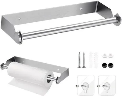 Produktbild von Unyqoos® Wand-Küchenrollenhalter aus Edelstahl – 28 cm, bohrfreie Montage (selbstklebend oder schraubbar) für Küchenrolle & Frischhaltefolie