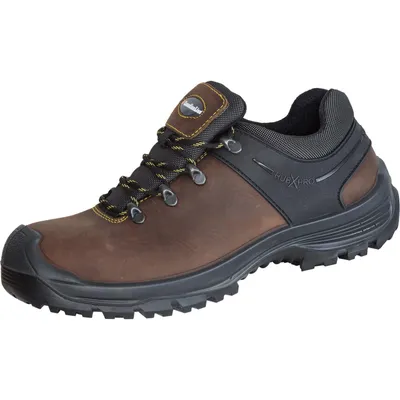 A single brown and black work shoe is shown against a white background.