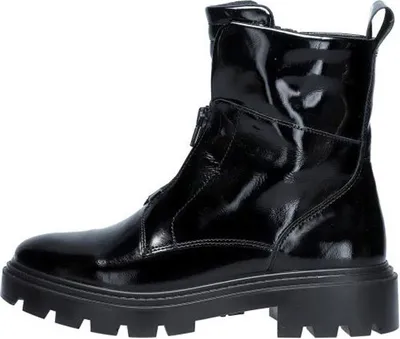 A black patent leather boot with a chunky sole and zipper detail.