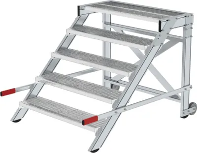 Produktbild von Arbeitspodest fahrbar | Stufenbreite 100cm | 5 Stufen | Stahl-Gitterros | Rutschfeste Kunststoffschuhe